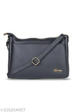 Black faux leather women's sling bag with a buckle closure