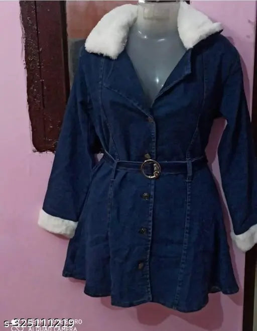 Stylish Indian denim fur coat for women, solid pattern, long sleeves