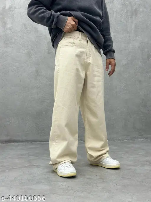 Wide leg khaki cotton jeans men's slim fit