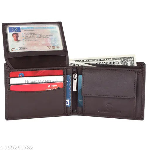 Brown top-grain leather RFID-blocking wallet for men, features 2 cash compartments, credit card slots, and secret pockets. Handcrafted gift box included." (103 characters)