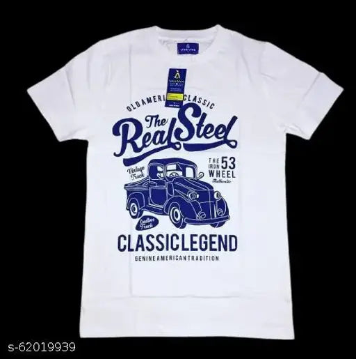 White 100 cotton t-shirt with vintage pickup truck graphic.