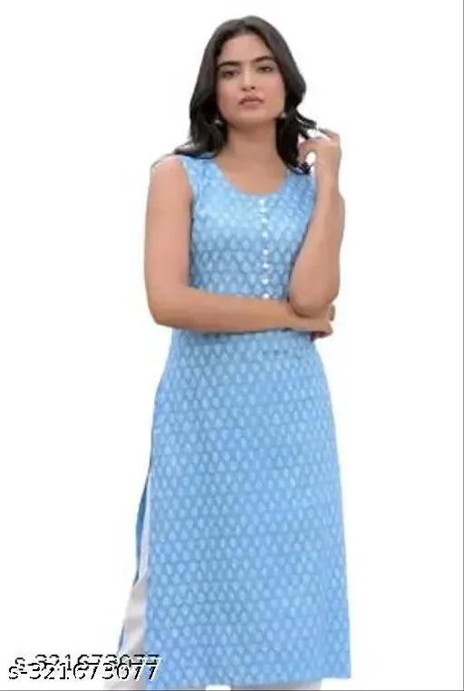 Blue rayon sleeveless kurta, printed with vibrant design, round neck, straight silhouette - Sakha Creation, India