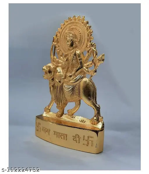 Golden Durga Maa Statue: Handmade metal idol, 11cm x 7cm for worship, positive energy & home decor
