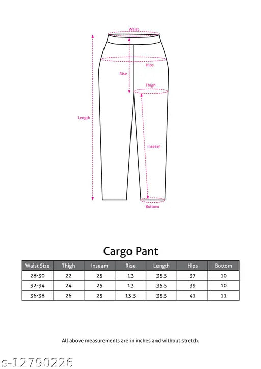 Cargo pant with pockets, waistband measurement in centimeters, and cargo pocket design