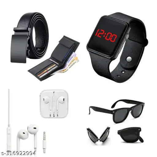 Canvas and leather men's wallet with autolock black buckle, free bonus items - watch, earphones, or sunglasses. Set of 5 in free size