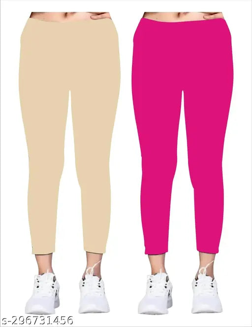 Pink cotton ankle-fit jeggings pair (2 pcs combo pack), solid pattern on Indian-made women's stylish sandal jeggings (size 36 inches)