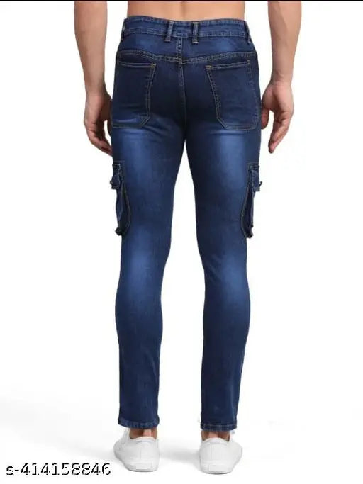 Blue denim six-pocket cargo jeans, size 28/30/32/34/36 for men, solid pattern