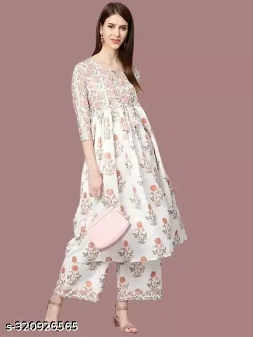 Cotton Banita Petite Women Kurta Set with Palazzos, printed net, three-quarter sleeves, XXL & XXXL sizes, Indian origin