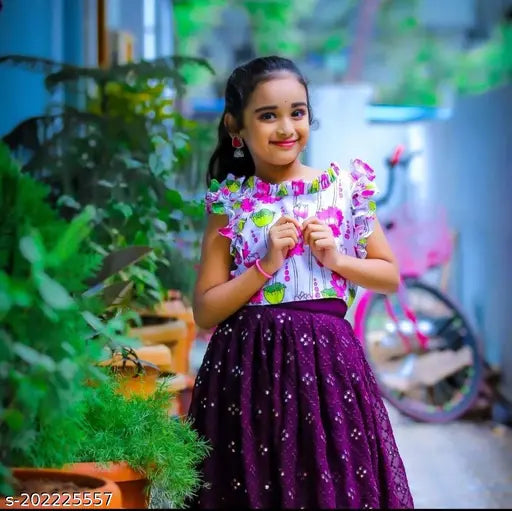 Kids Baby Girls Classic Lengha Choli: Satin top with short sleeves, embroidered rayon lehenga, georgette dupatta. Traditional Indian outfit for girls aged 2-14 years