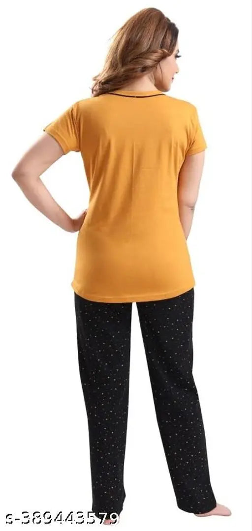 Yellow Daley Wear cotton nightsuit set, 100% cotton hosiery 180 GSM fabric, printed design, short sleeves, casual to sleepwear, India origin