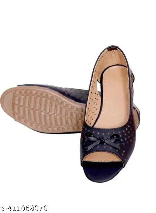 Stylish synthetic leather black ballerinas for women, solid design slip-on style - Indian origin sizes: IND-3 to IND-9