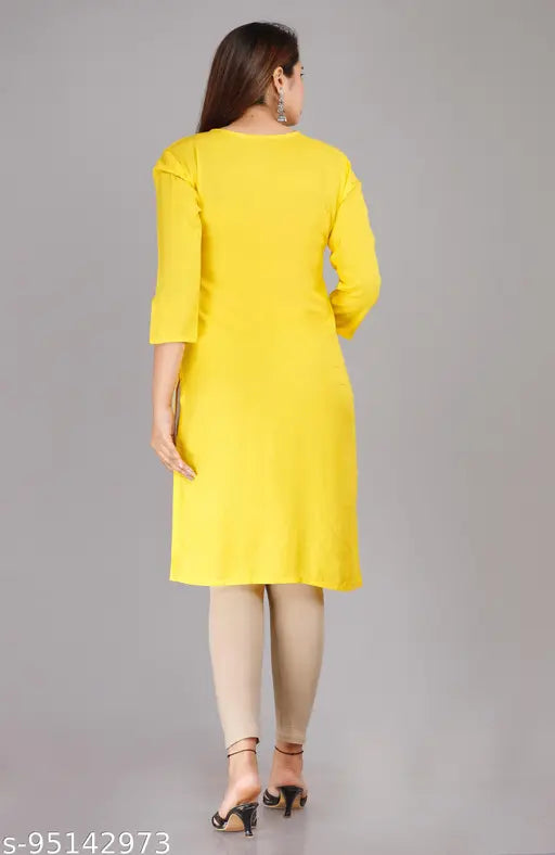 Rayon straight embroidered yellow kurta with three-quarter sleeves, intricate design on a traditional Indian attire for women. Size M-XXXL available