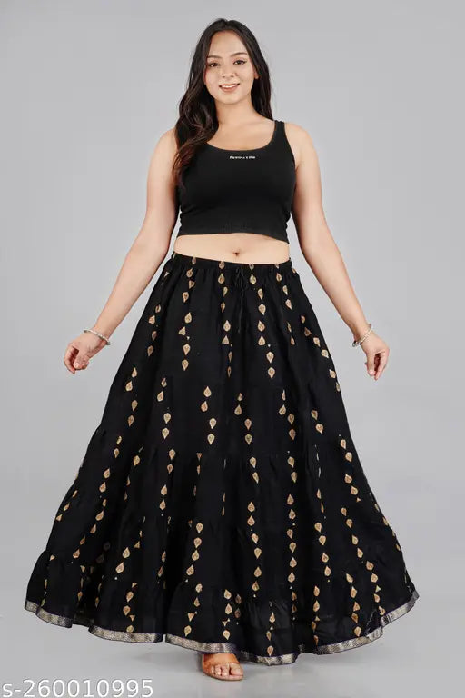 Printed rayon black skirt with pretty patterns, available in various sizes M-XXXL