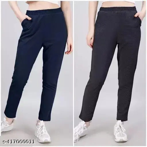 Stretchable track pants for women, navy blue with white stripe, pack of 2
