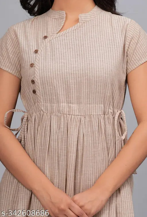 Beige striped cotton Anarkali dress, women's fashion item with mandarin collar and three-quarter sleeves, available in multiple sizes (XS-4XL)