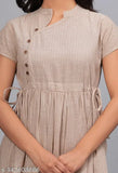 Beige striped cotton Anarkali dress, women's fashion item with mandarin collar and three-quarter sleeves, available in multiple sizes (XS-4XL)