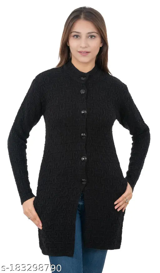 Embroidered acrylic-wool winter cardigan with side pockets for women, warm & stylish on-the-go