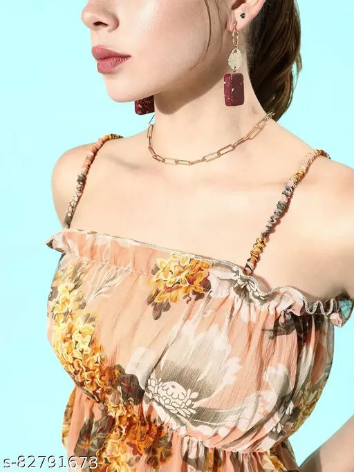 Multicolor chiffon puff sleeves floral print women's top, sleeveless, size S (34 in bust), Anvi quality western wear