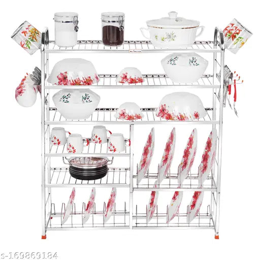 Stainless steel wall mount kitchen utensils rack, 6 shelves, holds dishes, plates, and cutlery; modular design with 2 lower sections for extra storage