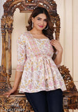 Elegant floral print 3/4 sleeve cotton top, Indian-made casual wear with regular fit and square neck