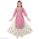 Sevgi Girls Cotton Blend Embroidered A-line Kurta and Sharara Set, vibrant mirror work design for girls aged 4-14 years old, Indian origin