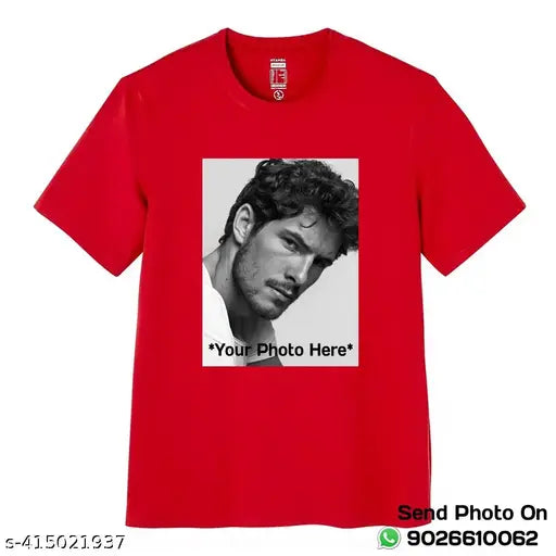 Red personalized polyester half-sleeve round neck t-shirt for men with printed design, close-up view