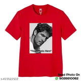 Red personalized polyester half-sleeve round neck t-shirt for men with printed design, close-up view