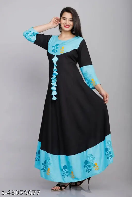 Black and blue traditional women's kameez with lace details, knee length