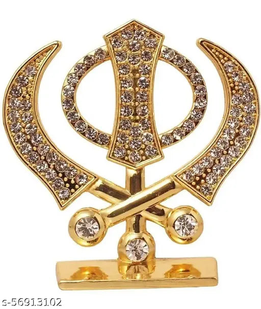 Metal Waheguru Khanda temple pooja decor for car dashboard, 7cm (Indian religious idol)