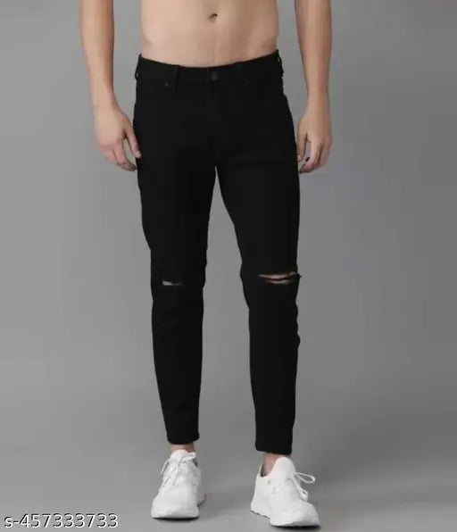 Black cotton solid knee-cut jeans for upgraded wardrobe, high-quality fit and trendy style from India
