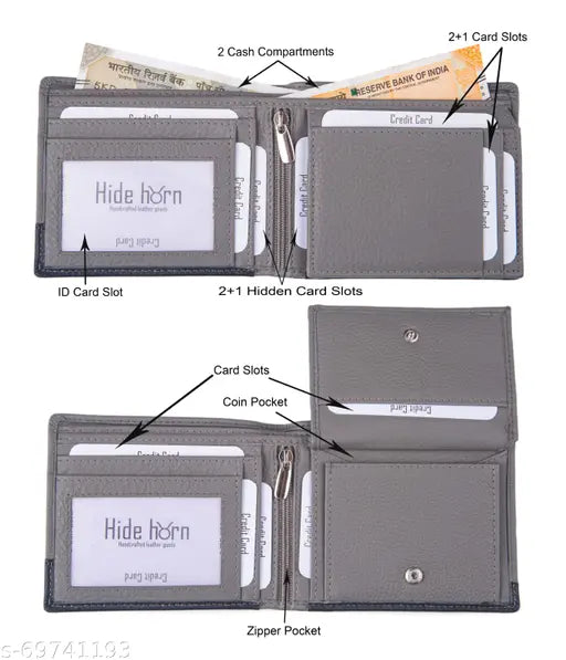 Solid leather RFID-protected bi-fold wallet for men by Hide Horn, India. Features 4 card slots, cash compartments, ID window, hidden pockets, & coin pocket