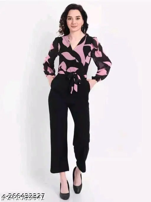 Printed Georgette jumpsuit for women, trendy long-sleeve design from Rawari Fashion, size S: 28in bust, 51in length, 28in waist (India)