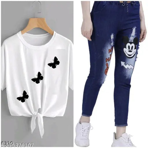 Cotton blend T-shirt with denim jogger jeans combo pack 2 for women & girls - sleeveless, trendy & stylish