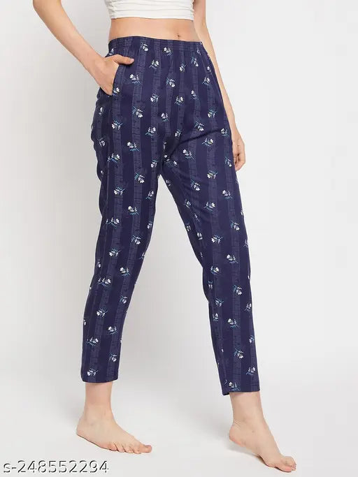 Navy blue rayon printed cotton women's straight leg full length pyjamas