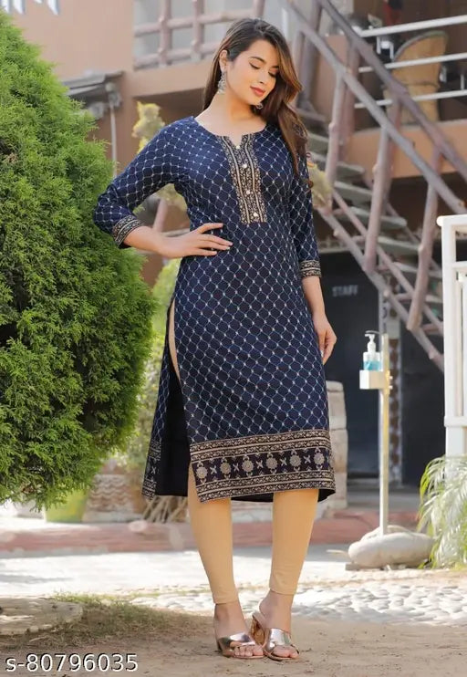 Rayon A-line straight kurti for women, printed combo, three-quarter sleeves, affordable office wear
