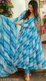 Georgette gown set with printed kurta and dupatta - Premium georgette, intricate prints, versatile for festive occasions. Available in S, M, L, XL, XXL