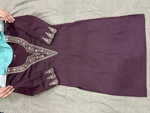 Woolen kurta with embroidered designs, featuring long sleeves and a V-neckline