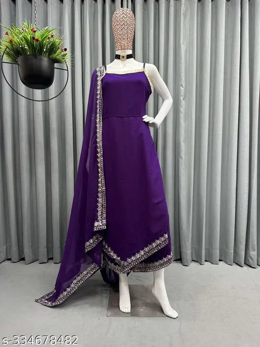 Georgette embroidered fancy party wear sleeveless salwar suit with dupatta - elegant Indian traditional attire in single size with 3-piece set (XS to XXL), made in India