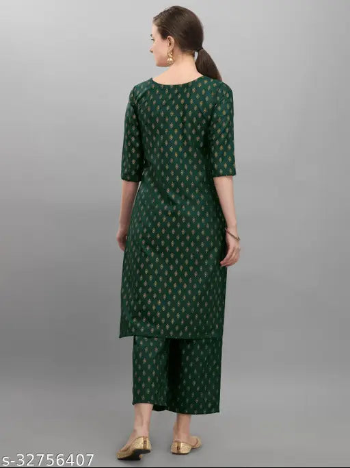 Cotton printed net kurta set with palazzo bottoms, stylish three-quarter sleeve design - women's fashion from India