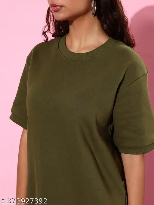 Olive cotton oversized women's sweatshirt - solid pattern, short sleeves, sizes XS-XL, India origin