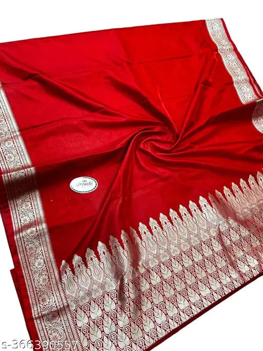 Trendy silver zari traditional Banarasi silk saree with border and pallu