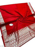 Trendy silver zari traditional Banarasi silk saree with border and pallu