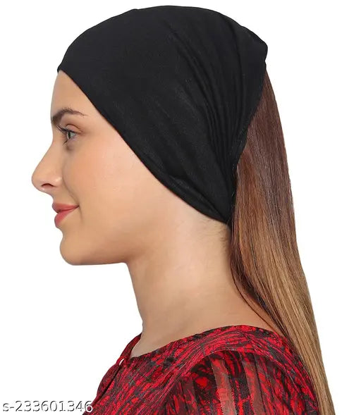 Black cotton tube hijab cap, four-way stretchable, pack of 2