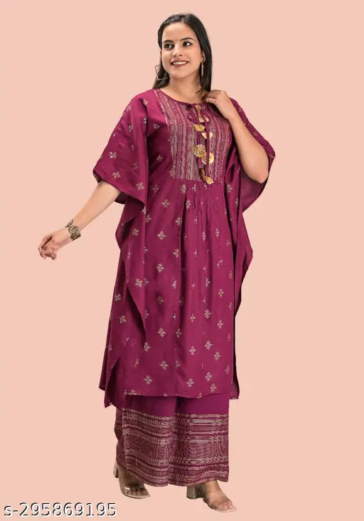 Rayon floral kurta set with palazzos by KASHISHIYA, three-quarter sleeve, printed net design for women