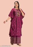 Rayon floral kurta set with palazzos by KASHISHIYA, three-quarter sleeve, printed net design for women