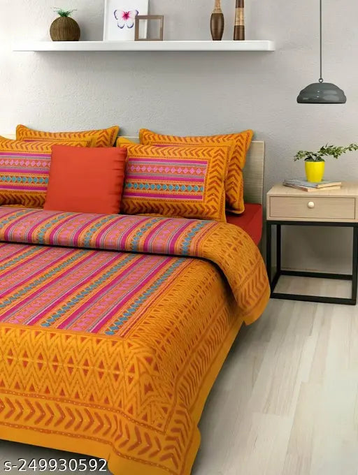 eTape's Cotton Fabric Stripe Printed Double Bedsheet With Two Pillow Cover(90X100, Yellow)