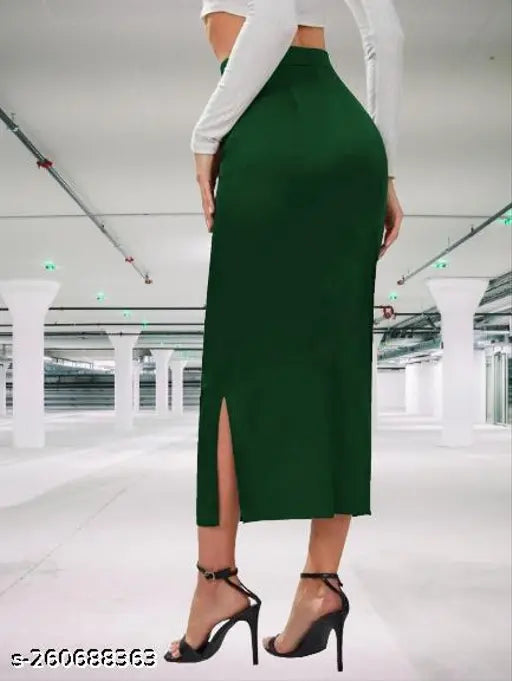 Women's dark green highwaist midi pencil skirt, bodycon shapewear with elastic waist