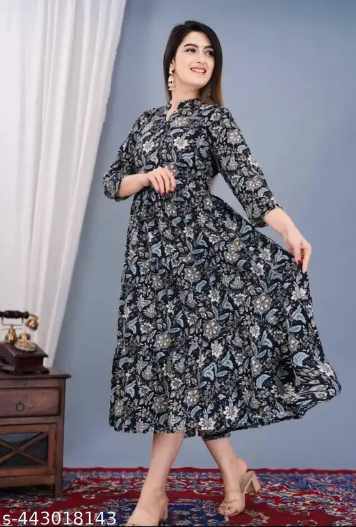 Blue printed rayon flared and three-quarter sleeve kurti for women, India-made fashion clothing on hanger