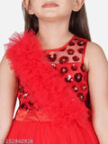 Red net Toy Balloon Hi-Low girls dress, printed with balloons and suitable for parties, available in sizes 2-3 Years, 3-4 Years, 9-10 Years, and 10-11 Years. Made in India