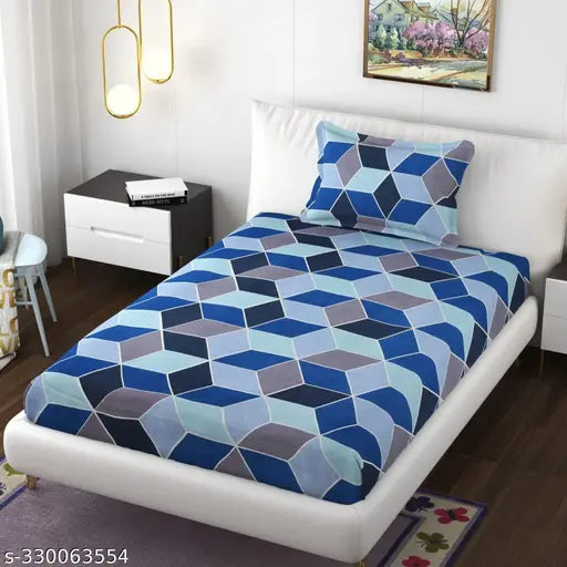 Cotton geometric fitted single size bedsheet by GEIVA Home, elastic corners and one pillow cover, ideal for summer adult use